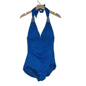 Coco contours 34C turquoise blue jeweled halter neck‎ ruched bra-size swimsuit